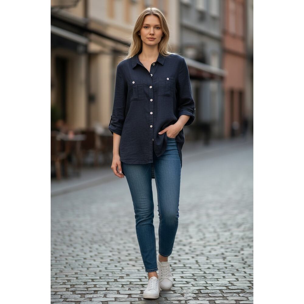 Anne Fontaine Navy Tunic Shirt FR 42 US 10 Linen Blend Roll Tab Sleeves